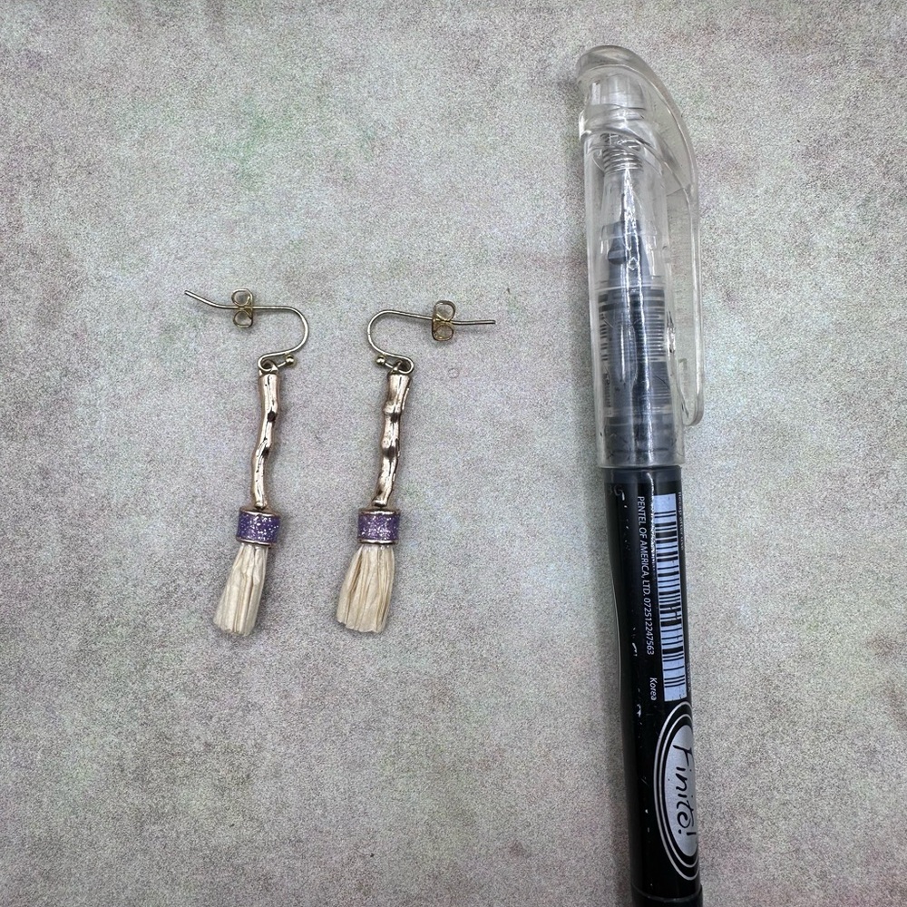 Silver Twig Earrings with Purple Accent and Cream Tassel - Picture 5 of 5